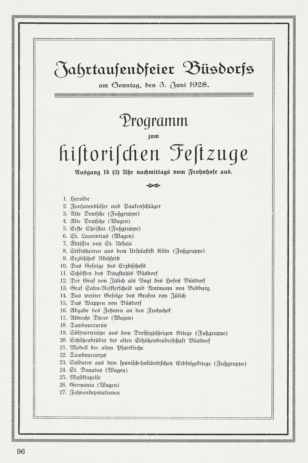 Programm des historischen Festzuges zur Jahrtausendfeier Büsdorfs, 3. Juni 1928